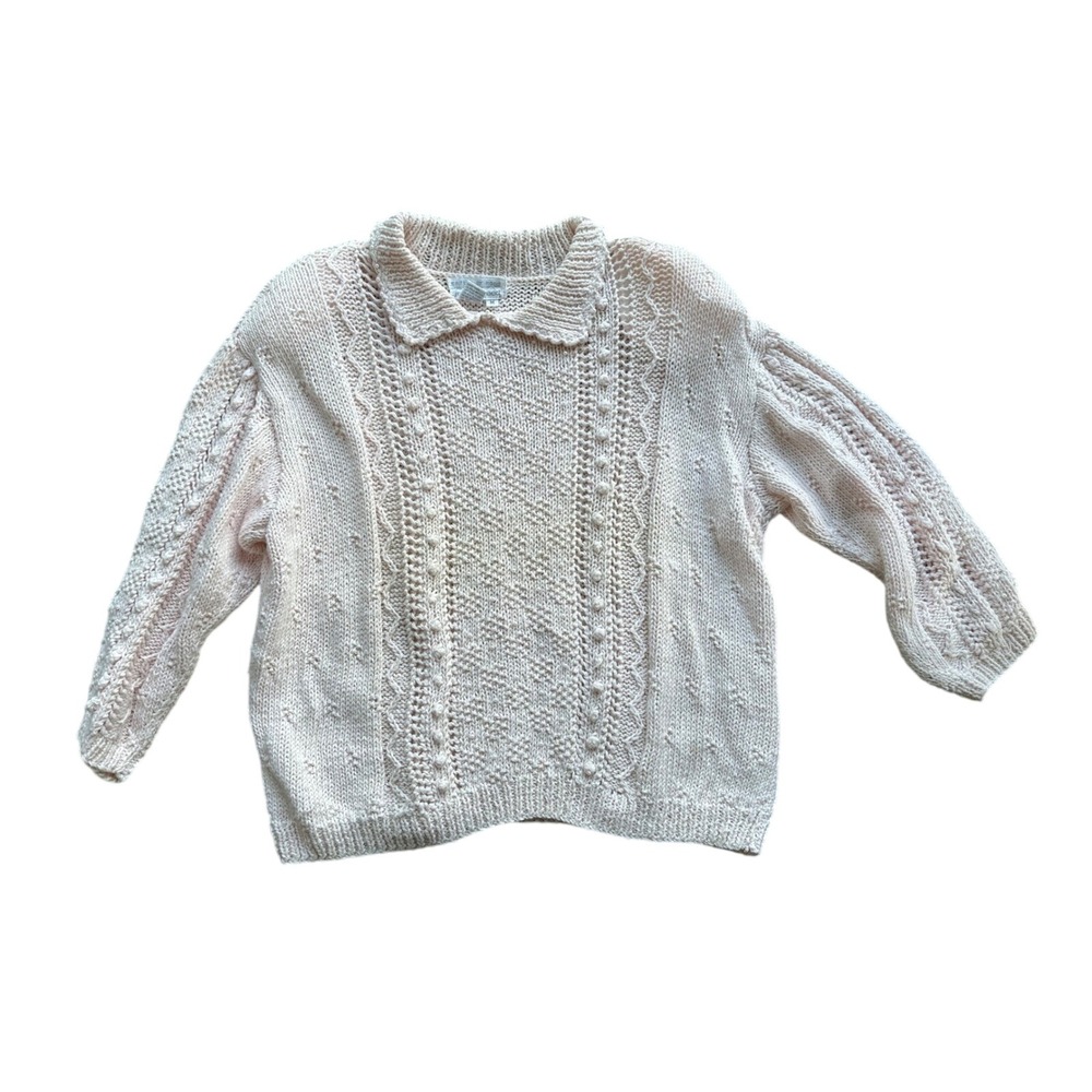 Jennifer Reed Vintage‎ Hand Knit Pink Pearl Collar Ramie Cotton Sweater Medium